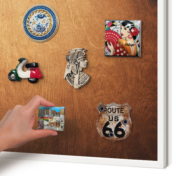 Magnetic board for travel magnets in a white frame Wooden texture