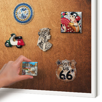 Magnetic board for travel magnets in a white frame Wooden texture