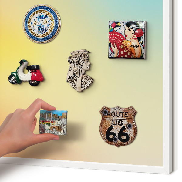 Magnetic board for travel magnets in a white frame Color transition