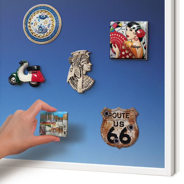 Magnetic board for travel magnets in a white frame Blue gradients