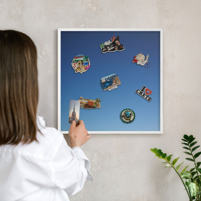Magnetic board for travel magnets in a white frame Blue gradients