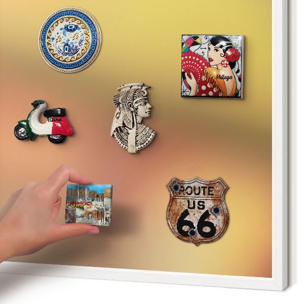 Magnetic board for travel magnets in a white frame Colorful glow