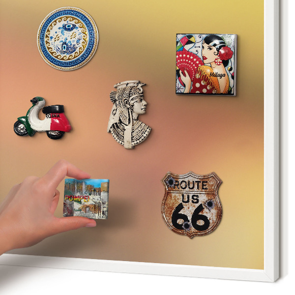 Magnetic board for travel magnets in a white frame Colorful glow