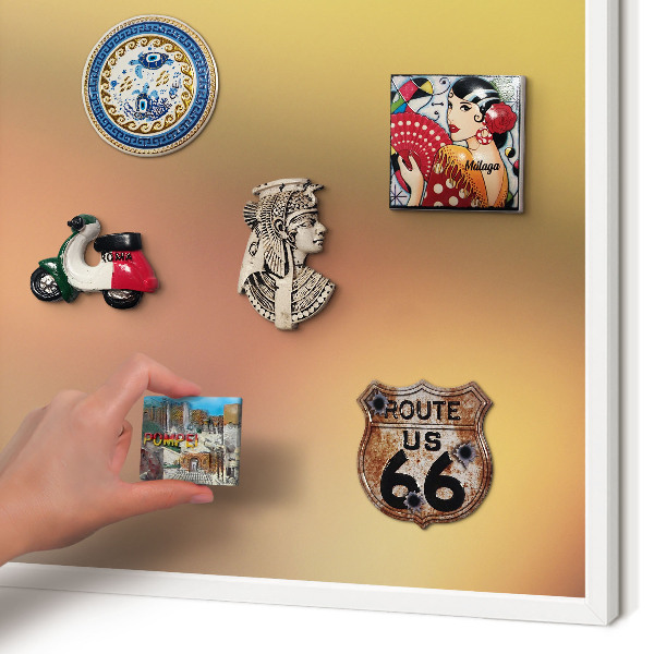 Magnetic board for travel magnets in a white frame Colorful glow
