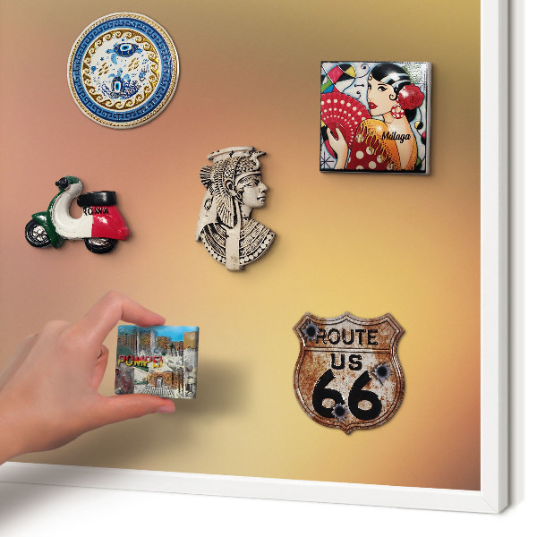 Magnetic board for travel magnets in a white frame Colorful glow