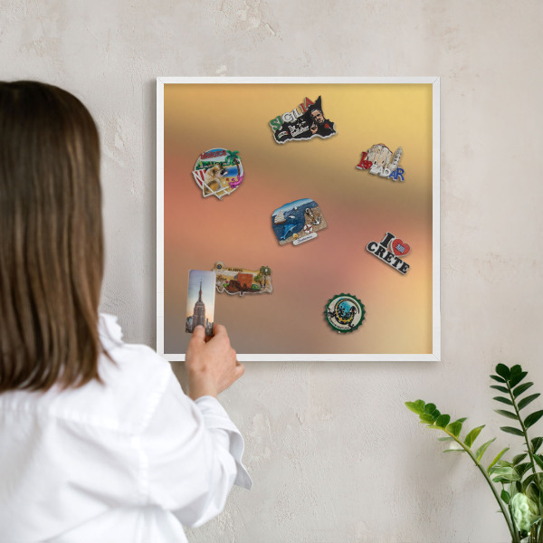 Magnetic board for travel magnets in a white frame Colorful glow