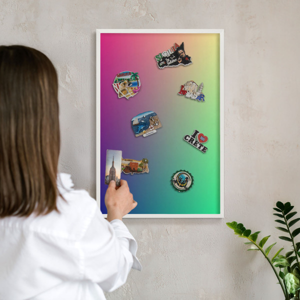 Magnetic board for travel magnets in a white frame Colorful gradient