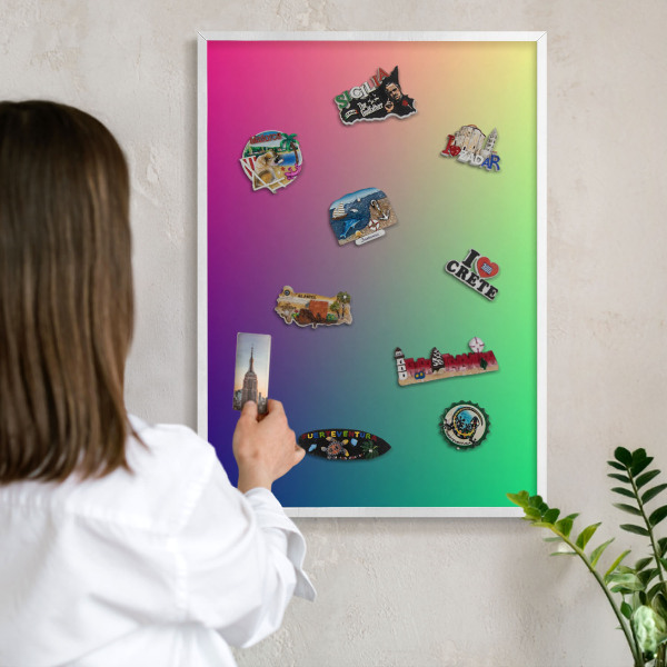 Magnetic board for travel magnets in a white frame Colorful gradient