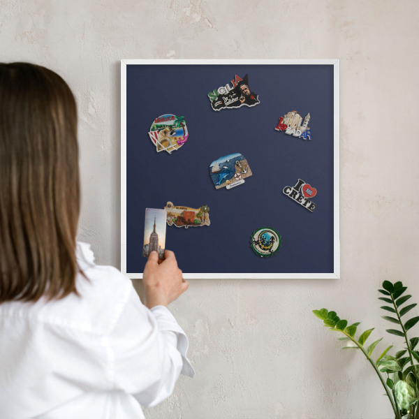 Magnetic board for travel magnets in a white frame Dark navy blue