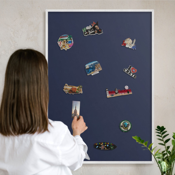 Magnetic board for travel magnets in a white frame Dark navy blue