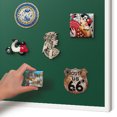 Magnetic board for travel magnets in a white frame Bottle green