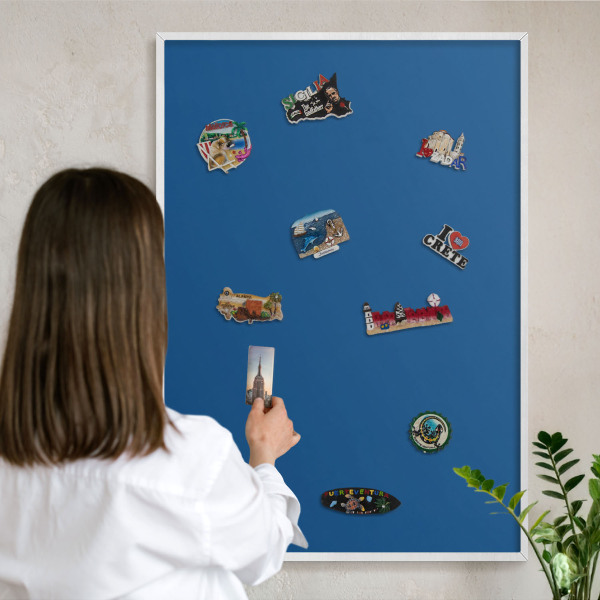 Magnetic board for travel magnets in a white frame Dark blue