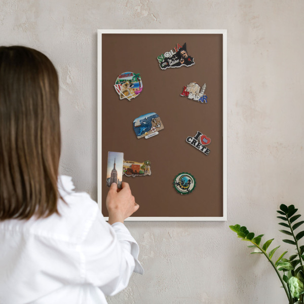 Magnetic board for travel magnets in a white frame Chestnut brown
