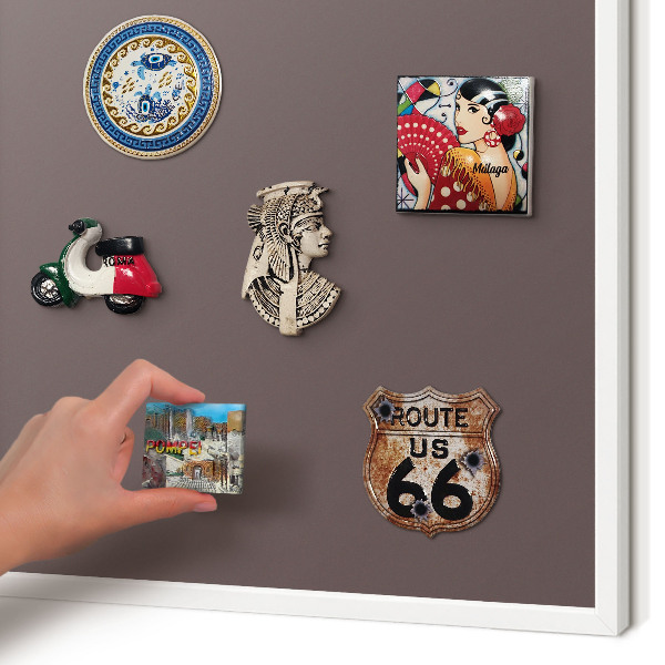 Magnetic board for travel magnets in a white frame Faded brown