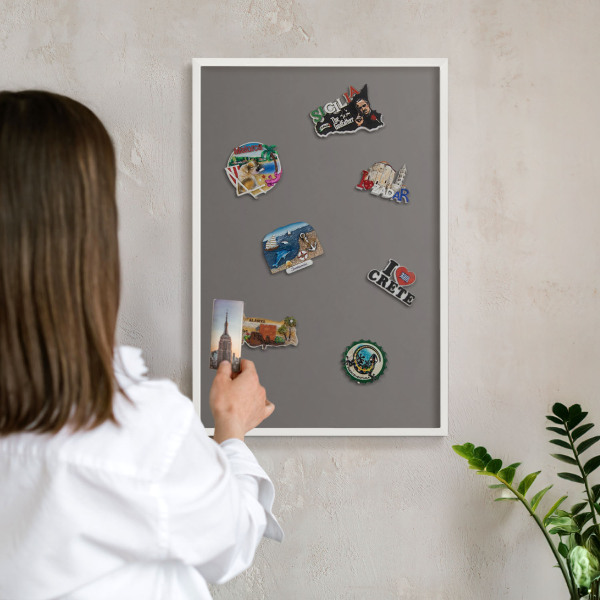 Magnetic board for travel magnets in a white frame Dark gray