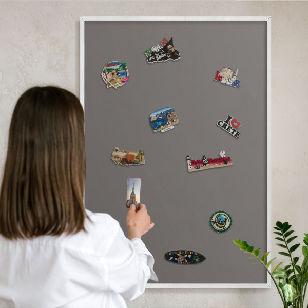 Magnetic board for travel magnets in a white frame Dark gray