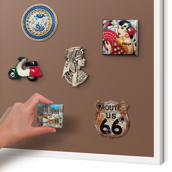 Magnetic board for travel magnets in a white frame Brown color