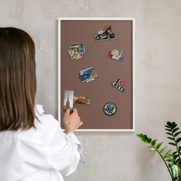 Magnetic board for travel magnets in a white frame Brown color