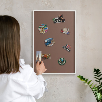Magnetic board for travel magnets in a white frame Brown color