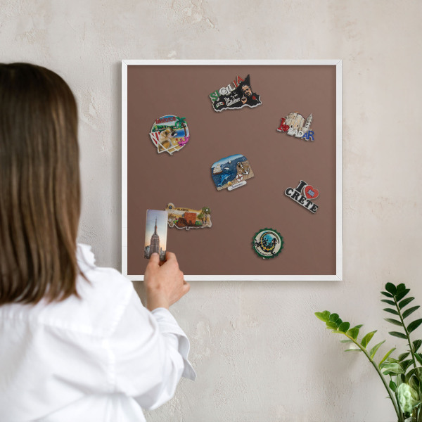 Magnetic board for travel magnets in a white frame Brown color