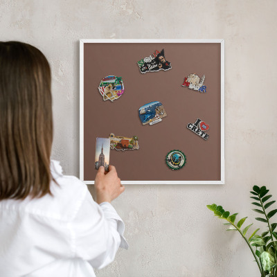 Magnetic board for travel magnets in a white frame Brown color