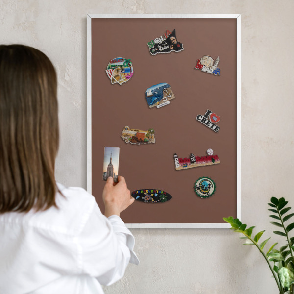 Magnetic board for travel magnets in a white frame Brown color