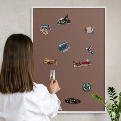 Magnetic board for travel magnets in a white frame Brown color
