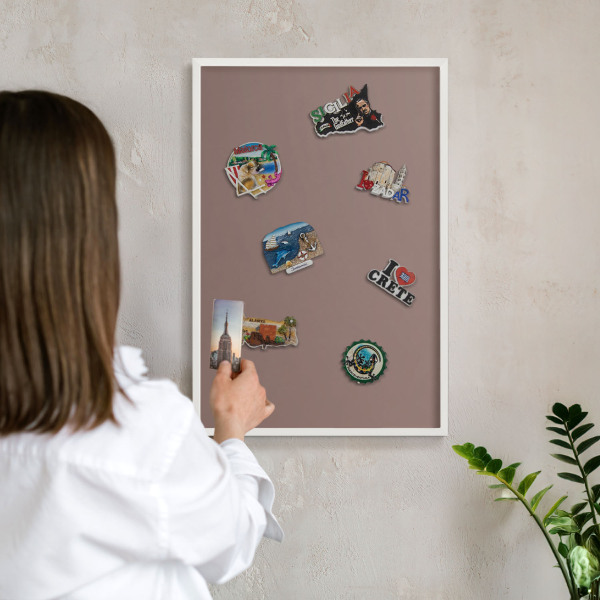 Magnetic board for travel magnets in a white frame Pastel brown