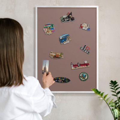 Magnetic board for travel magnets in a white frame Pastel brown