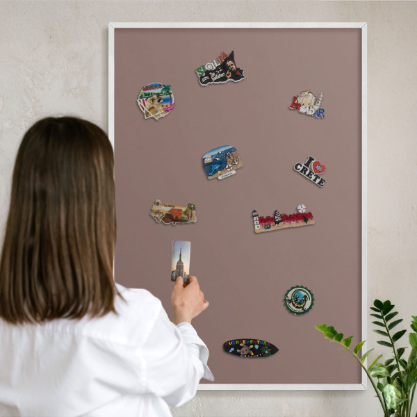 Magnetic board for travel magnets in a white frame Pastel brown