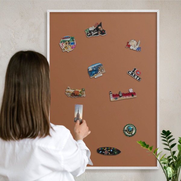 Magnetic board for travel magnets in a white frame Dark orange