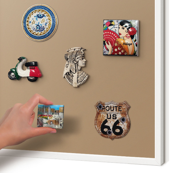 Magnetic board for travel magnets in a white frame Warm light brown