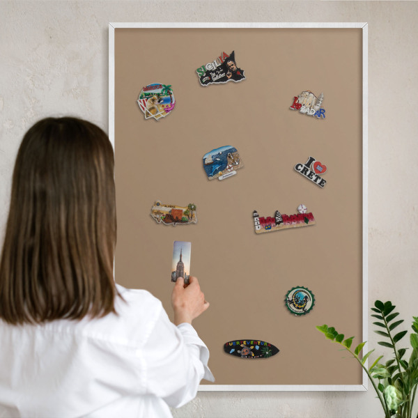 Magnetic board for travel magnets in a white frame Warm light brown