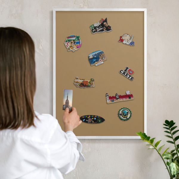 Magnetic board for travel magnets in a white frame Brown color