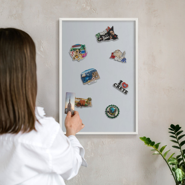 Magnetic board for travel magnets in a white frame Light gray