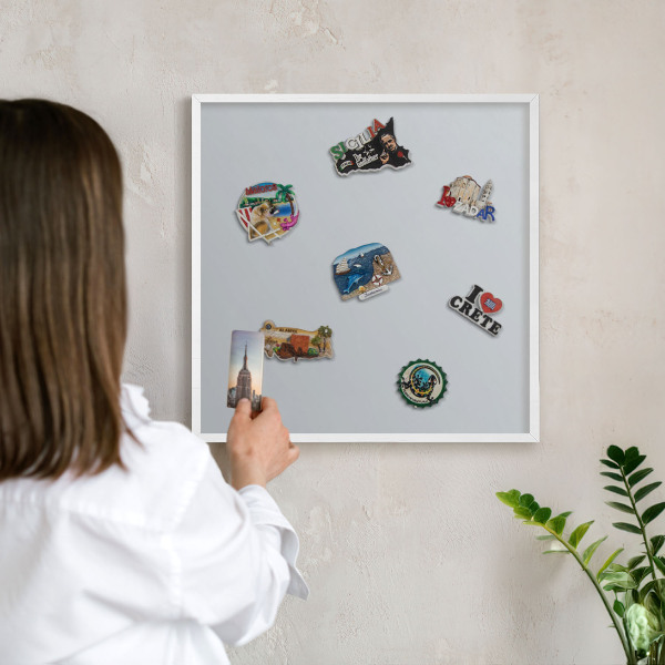 Magnetic board for travel magnets in a white frame Light gray