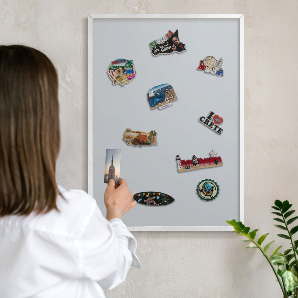 Magnetic board for travel magnets in a white frame Light gray