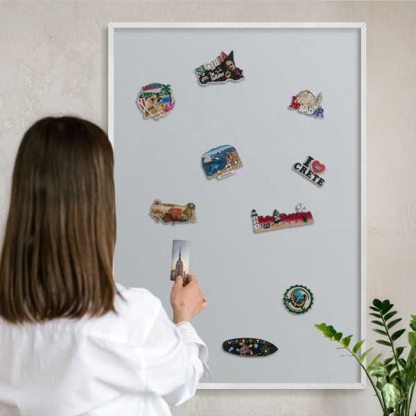 Magnetic board for travel magnets in a white frame Light gray