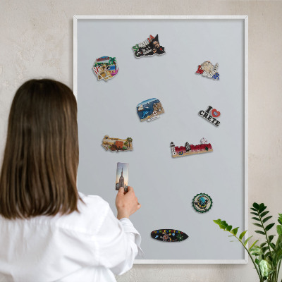 Magnetic board for travel magnets in a white frame Light gray