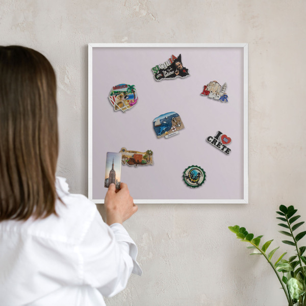 Magnetic board for travel magnets in a white frame Light lilac