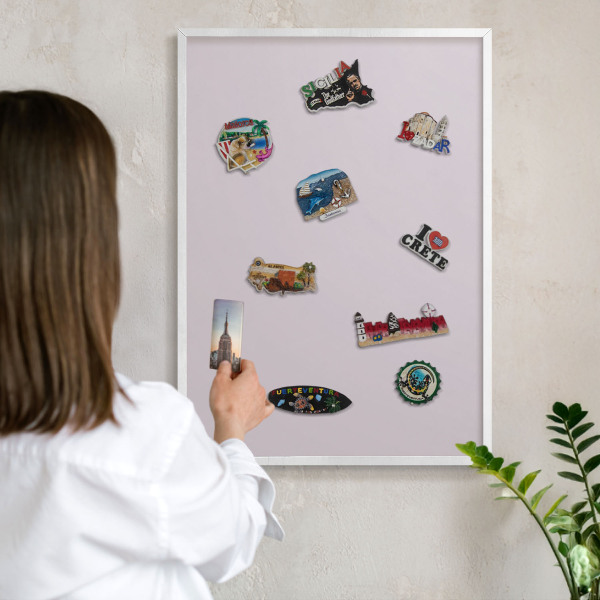 Magnetic board for travel magnets in a white frame Light lilac