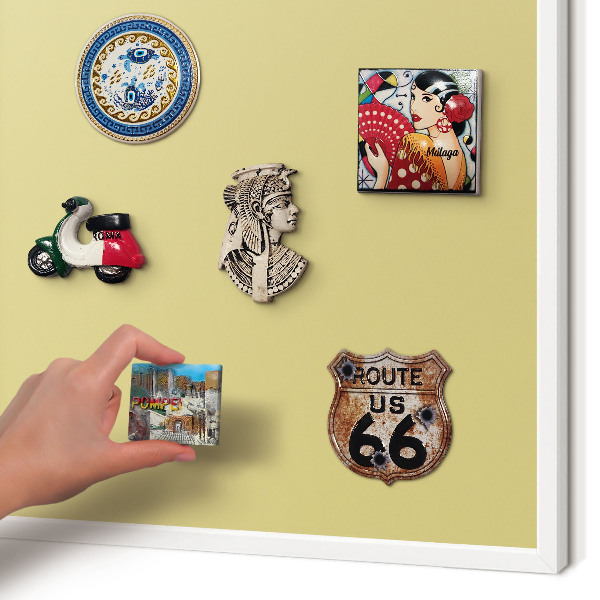 Magnetic board for travel magnets in a white frame Vintage yellow