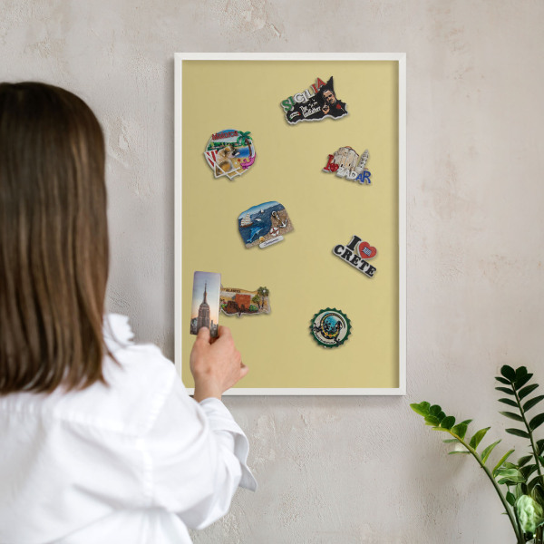 Magnetic board for travel magnets in a white frame Vintage yellow