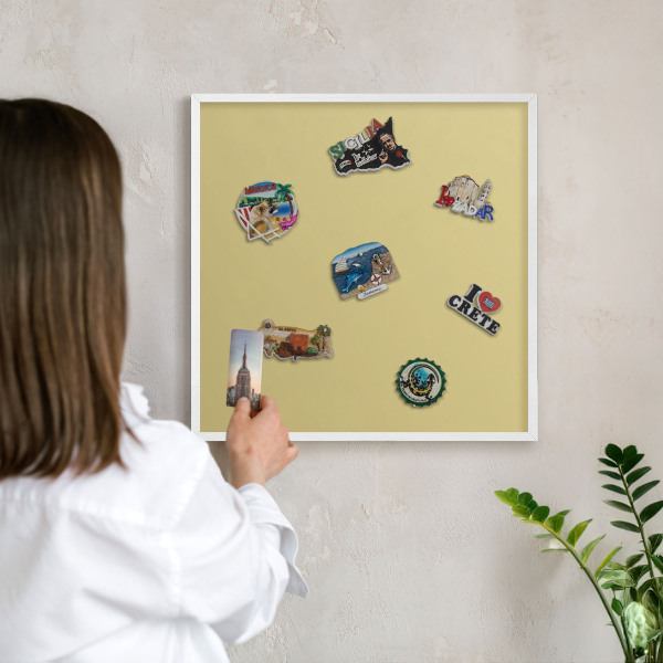 Magnetic board for travel magnets in a white frame Vintage yellow