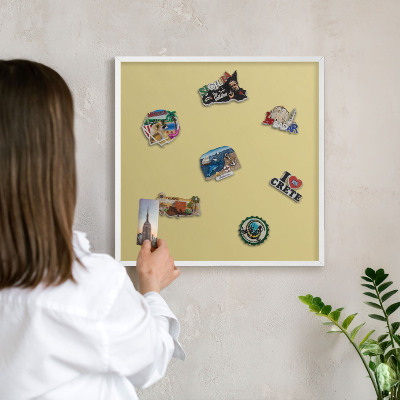Magnetic board for travel magnets in a white frame Vintage yellow