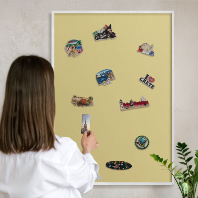 Magnetic board for travel magnets in a white frame Vintage yellow
