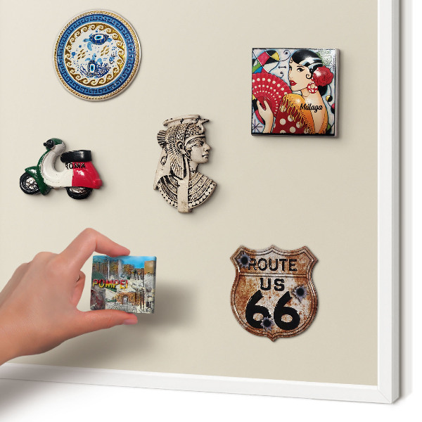 Magnetic board for travel magnets in a white frame Light stone