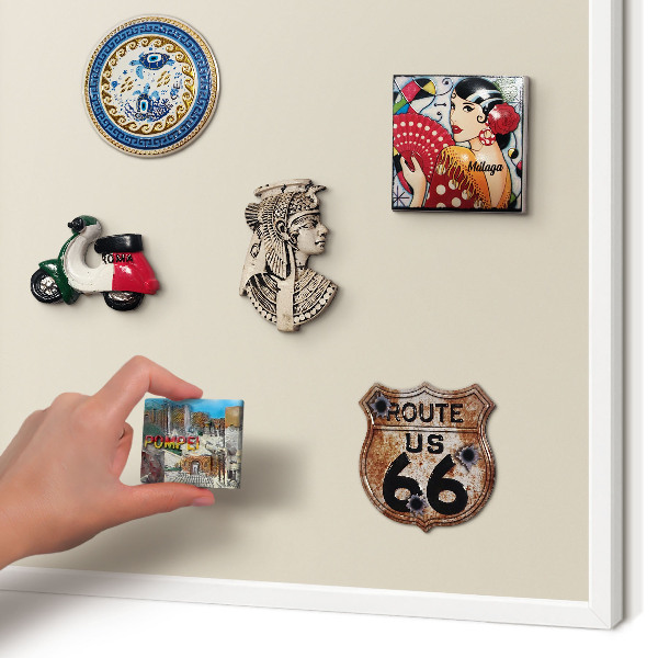 Magnetic board for travel magnets in a white frame Light stone