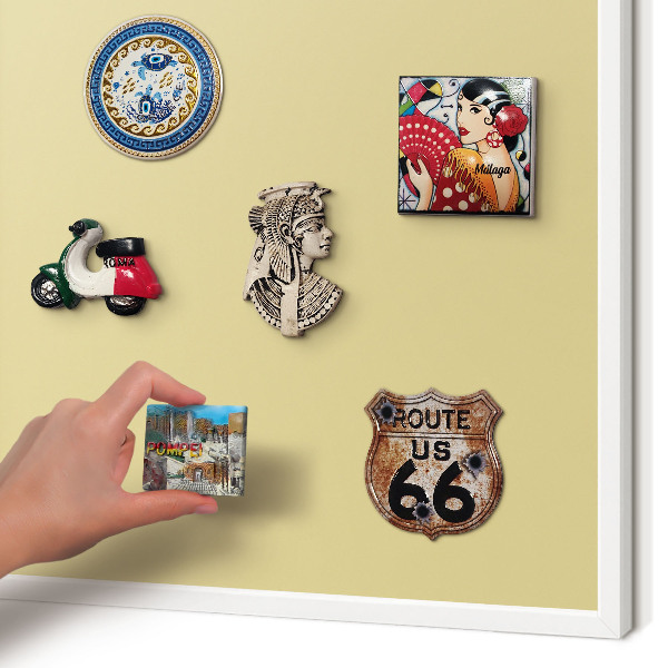 Magnetic board for travel magnets in a white frame Beige-yellow