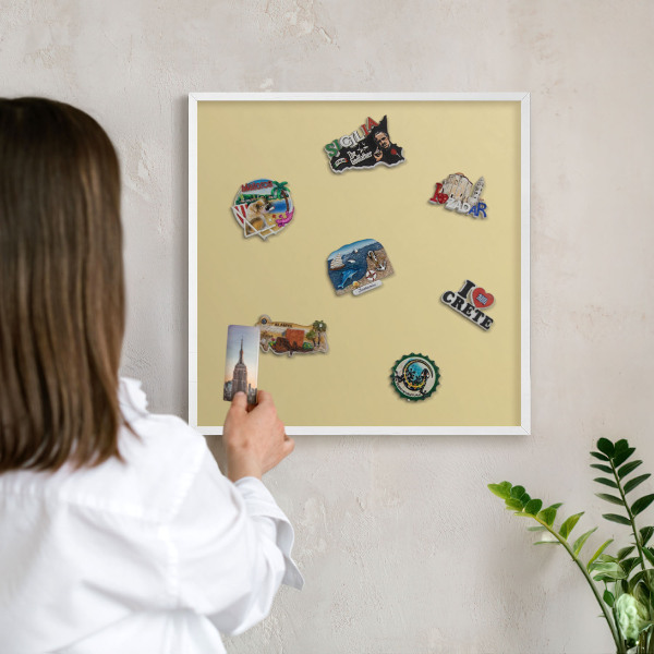 Magnetic board for travel magnets in a white frame Beige-yellow